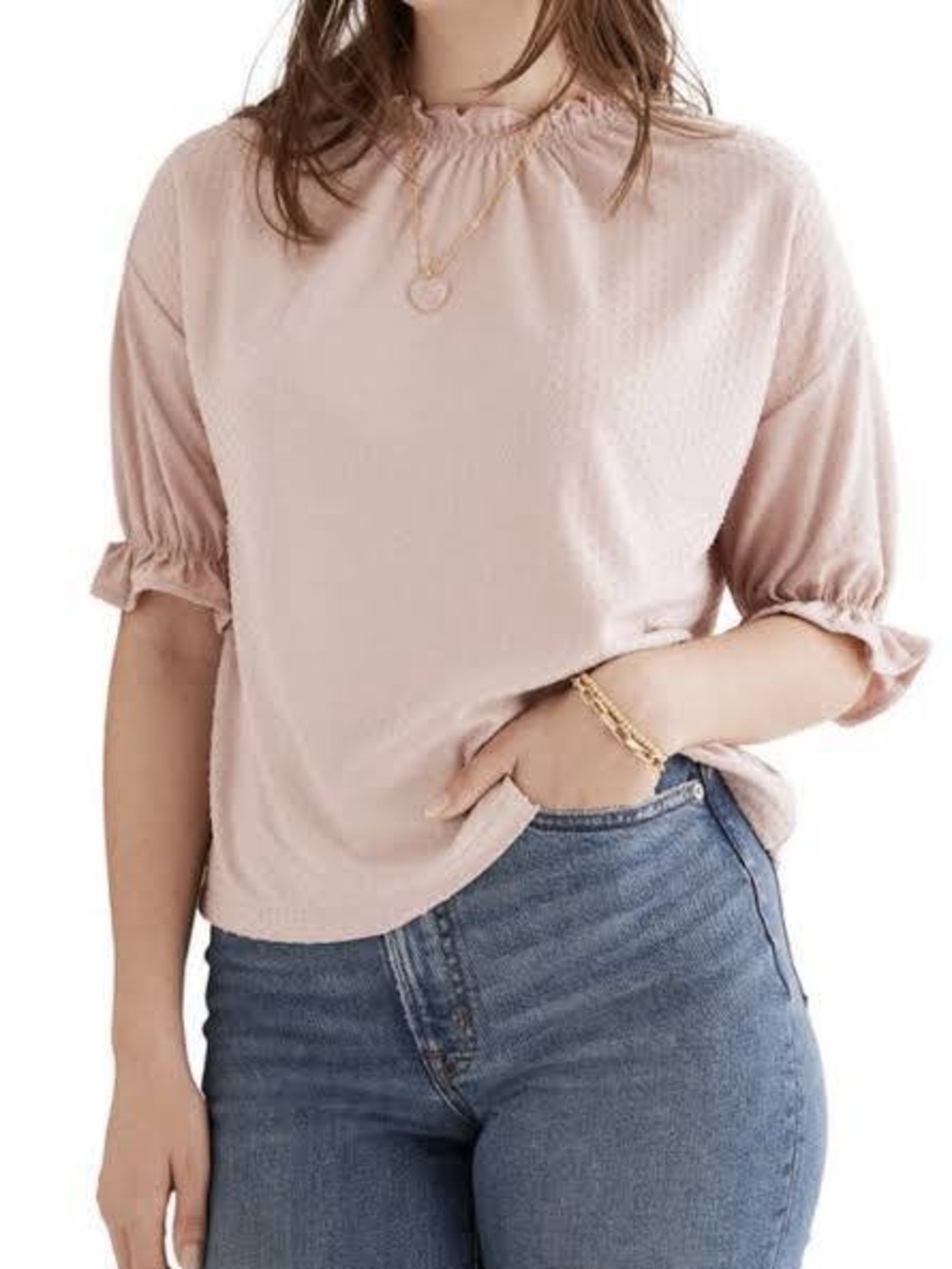 Madewell XL Dusty Pink Swiss Dot Ruffle Neck Puff Sleeve Top
